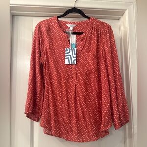 NWT Market & Spruce Prat Henley Top | Size L | Dark Pink Polka Dot 3/4 Sleeve